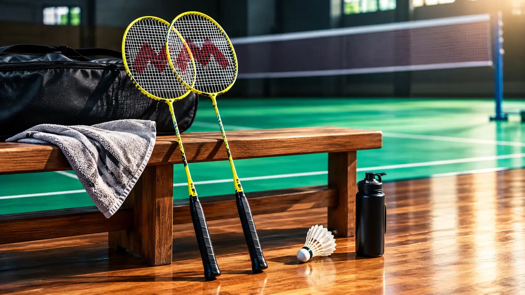 Badminton rackets and shuttlecock on an indoor court for a beginner badminton guide