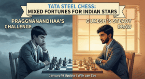 Illustration of two Indian chess players competing at the Tata Steel Chess Tournament.