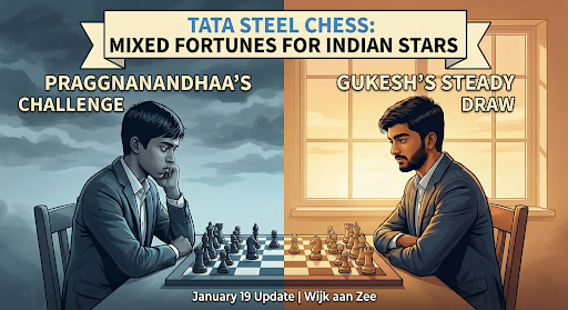 Illustration of two Indian chess players competing at the Tata Steel Chess Tournament.