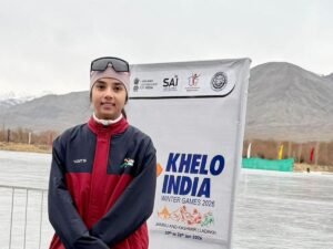 Udreka Singh competing in the women’s 500m speed skating event at the Khelo India Winter Games 2026 in Leh-Ladakh.