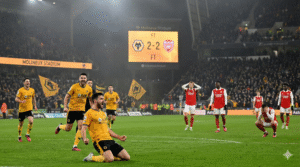 Wolverhampton Wanderers players celebrate their late 2-2 draw against Arsenal at Molineux Stadium, as dejected Arsenal players look on. The scoreboard confirms the final Premier League result.