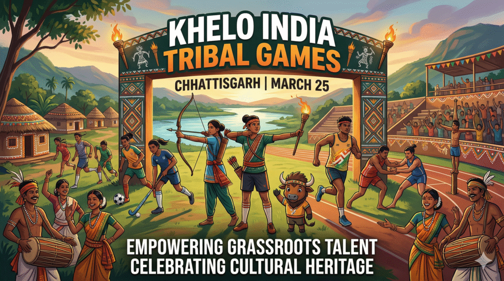 An illustrative banner for the first Khelo India Tribal Games in Chhattisgarh, featuring indigenous athletes competing in archery, hockey, and football, alongside the mascot Morveer and traditional tribal art.