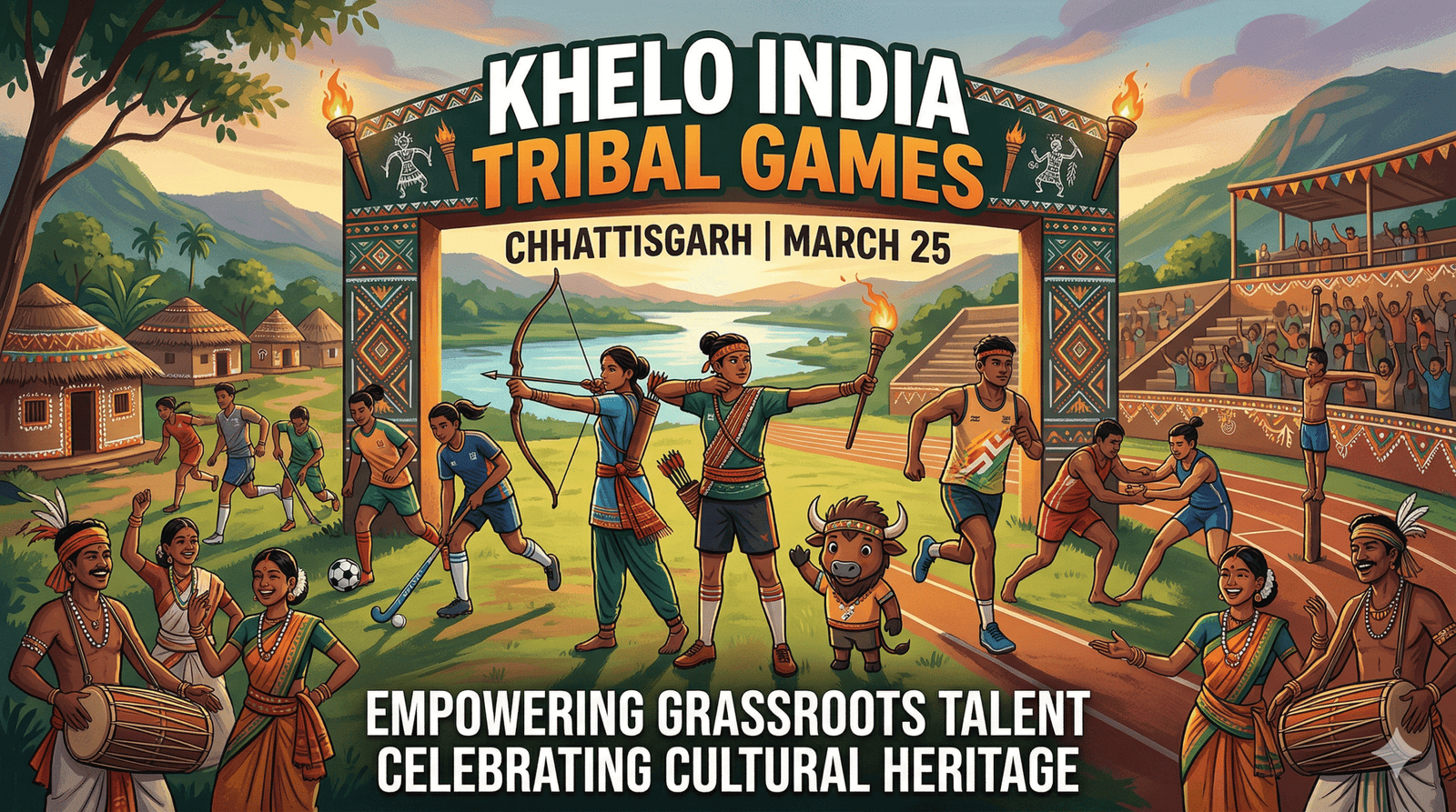 An illustrative banner for the first Khelo India Tribal Games in Chhattisgarh, featuring indigenous athletes competing in archery, hockey, and football, alongside the mascot Morveer and traditional tribal art.