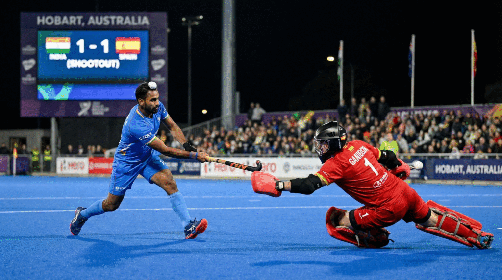 Indian men's hockey team player in blue taking a crucial shot against the Spanish goalkeeper during the dramatic FIH Pro League penalty shootout in Hobart.