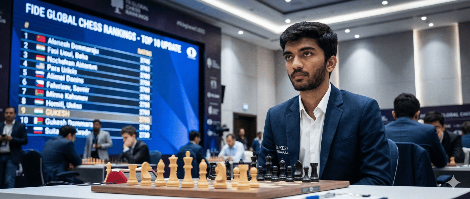 World chess champion Gukesh Dommaraju looking focused at a chessboard with the FIDE global chess rankings displayed on a large digital screen behind him.