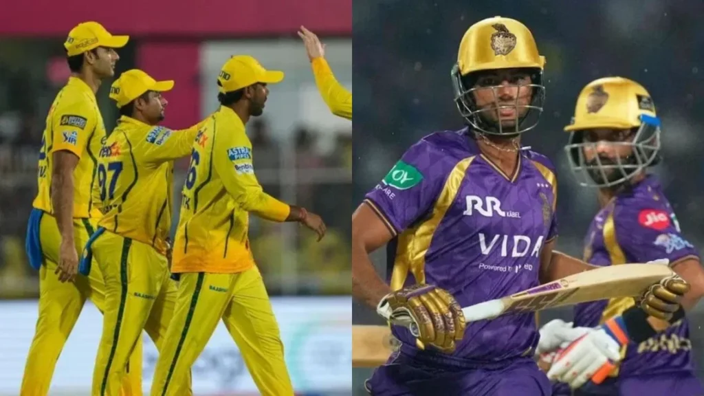 CSK vs KKR IPL 2026 match at MA Chidambaram Stadium showing players in action with focus on playing XI and spin-friendly Chepauk pitch conditions.