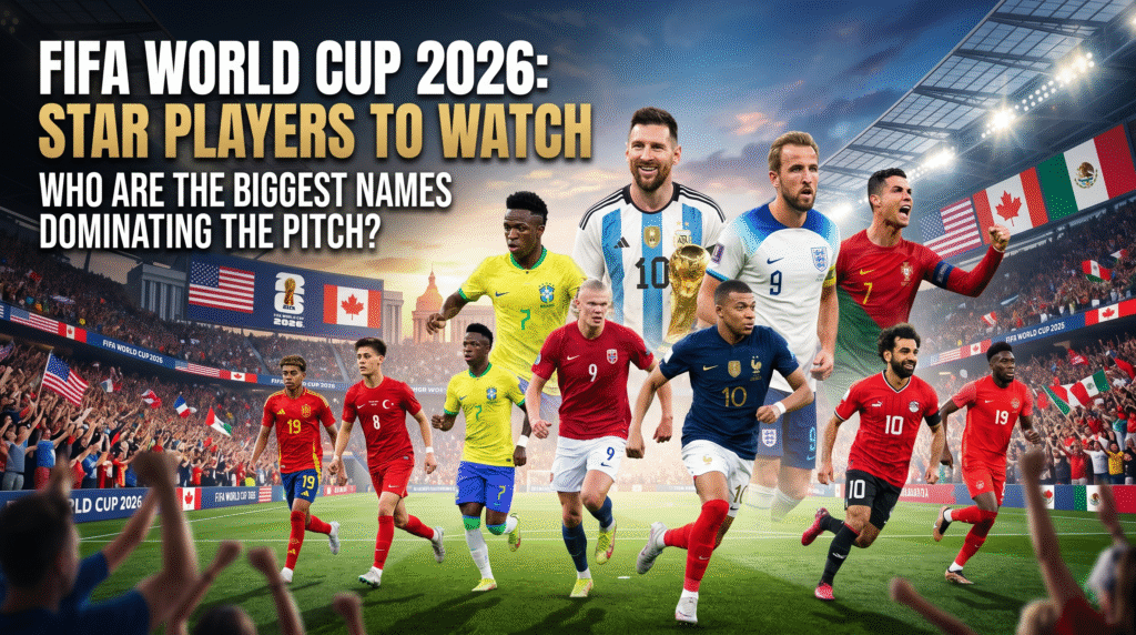A banner graphic for the FIFA World Cup 2026, featuring a montage of famous international soccer players like Lionel Messi, Harry Kane, Cristiano Ronaldo, Kylian Mbappé, Erling Haaland, Vinícius Jr., and Mohamed Salah running on a stadium pitch. Text at the top reads "FIFA World Cup 2026: Star Players to Watch.