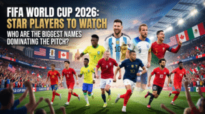 A banner graphic for the FIFA World Cup 2026, featuring a montage of famous international soccer players like Lionel Messi, Harry Kane, Cristiano Ronaldo, Kylian Mbappé, Erling Haaland, Vinícius Jr., and Mohamed Salah running on a stadium pitch. Text at the top reads "FIFA World Cup 2026: Star Players to Watch.