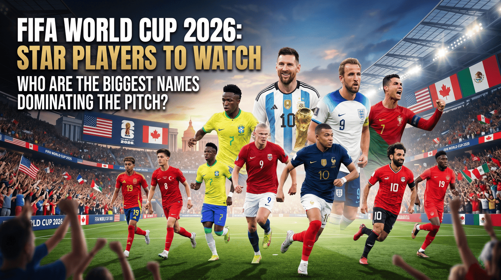 A banner graphic for the FIFA World Cup 2026, featuring a montage of famous international soccer players like Lionel Messi, Harry Kane, Cristiano Ronaldo, Kylian Mbappé, Erling Haaland, Vinícius Jr., and Mohamed Salah running on a stadium pitch. Text at the top reads "FIFA World Cup 2026: Star Players to Watch.