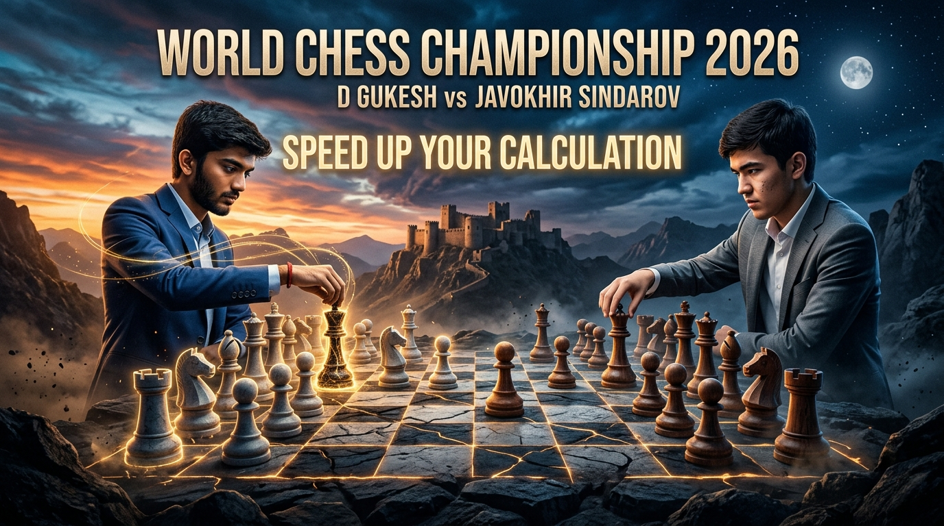 Gukesh and Sindarov play chess on a cliffside with glowing pieces and text "Speed Up Your Calculation" for the 2026 championship.