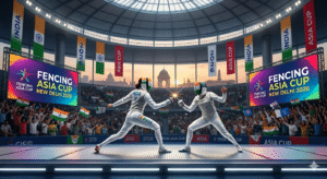 Two female fencers, one in Indian colors, clashing sabres in a large, indoor sports arena during the Fencing Asia Cup 2026. Banners and digital screens clearly display "Fencing Asia Cup New Delhi 2026," with the India Gate visible through the arena's glass wall.