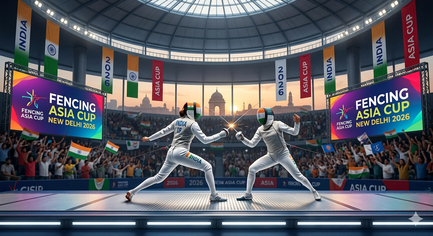 Two female fencers, one in Indian colors, clashing sabres in a large, indoor sports arena during the Fencing Asia Cup 2026. Banners and digital screens clearly display "Fencing Asia Cup New Delhi 2026," with the India Gate visible through the arena's glass wall.