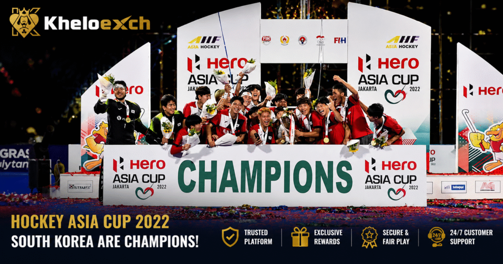 South Korea celebrates winning the Hockey Asia Cup 2022 championship in Jakarta with the Kheloexch logo displayed.