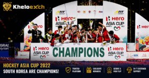 South Korea celebrates winning the Hockey Asia Cup 2022 championship in Jakarta with the Kheloexch logo displayed.