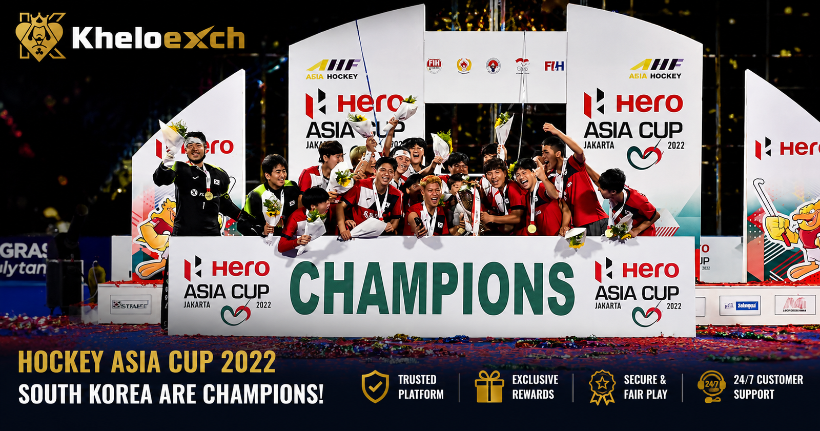 South Korea celebrates winning the Hockey Asia Cup 2022 championship in Jakarta with the Kheloexch logo displayed.