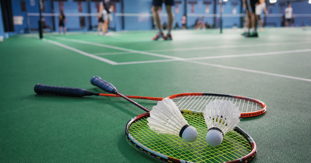 Indoor badminton court layout showing official size, boundary lines, service areas, net height, and singles and doubles markings.