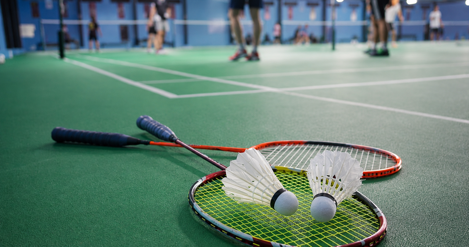 Indoor badminton court layout showing official size, boundary lines, service areas, net height, and singles and doubles markings.