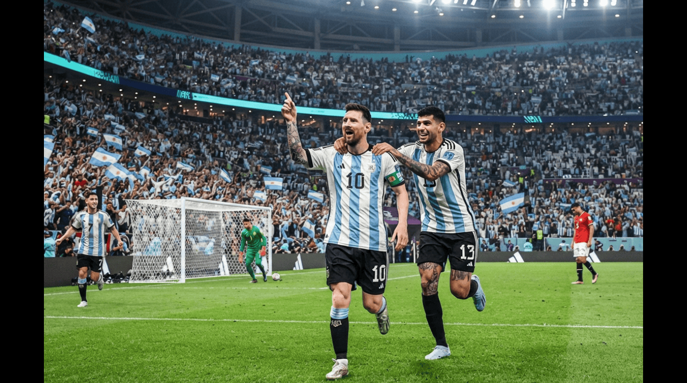 Lionel Messi wearing the Argentina number 10 jersey celebrates on the pitch with teammate Cristian Romero in front of a packed stadium of fans waving flags.