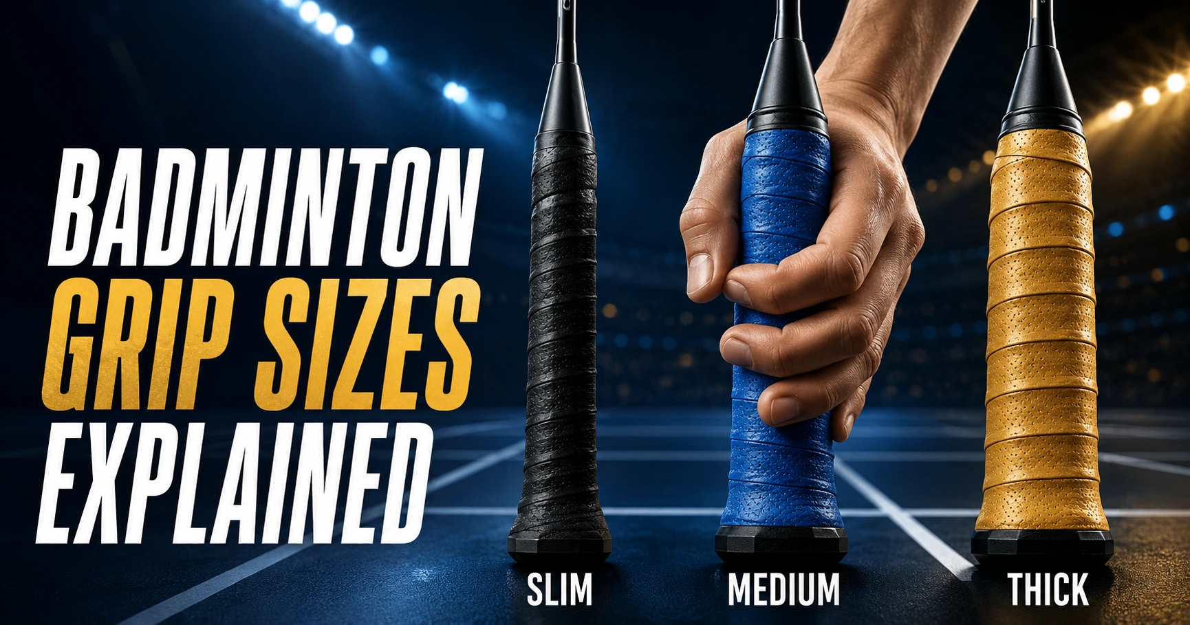 lim, medium and thick badminton grip sizes compared to help players choose a comfortable fit.
