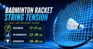 Badminton racket string tension guide showing the best LBS for beginners, intermediate and advanced players