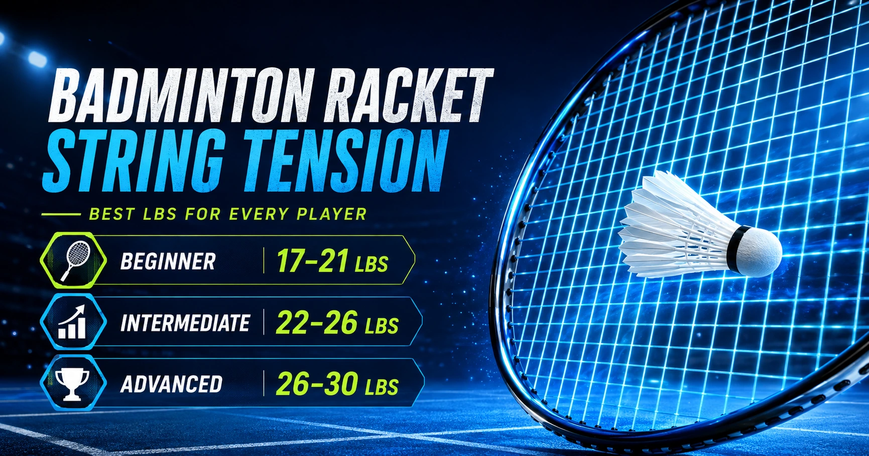 Badminton racket string tension guide showing the best LBS for beginners, intermediate and advanced players