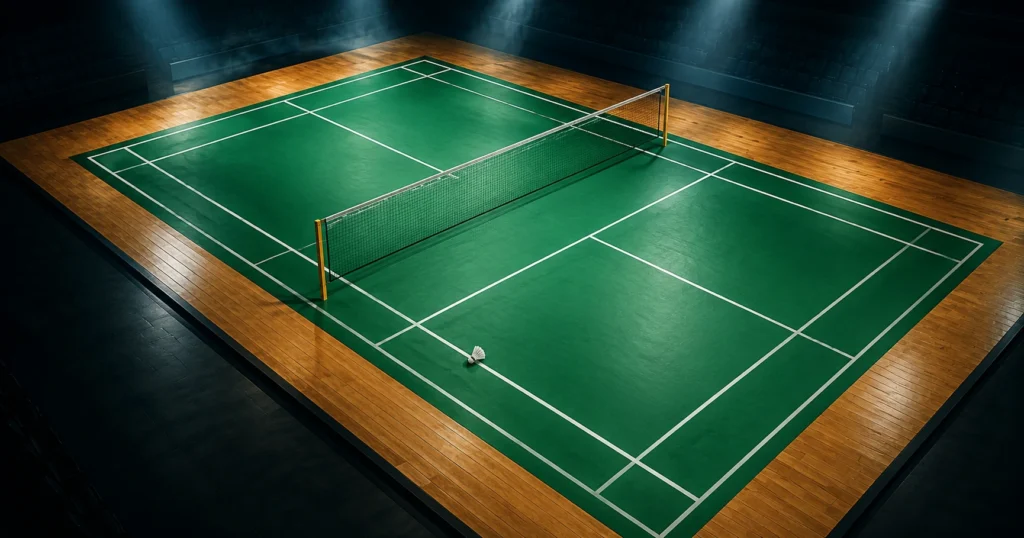 Badminton singles court rules showing court lines, service areas, serving positions, scoring, and boundaries for beginners.