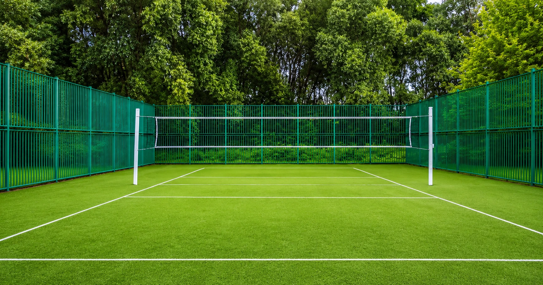 Outdoor badminton court showing the playing surface, boundary lines and net for a beginner’s court setup guide.