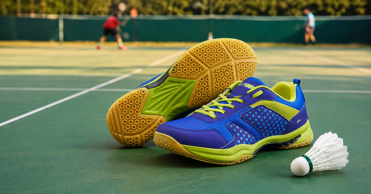 Beginner choosing badminton shoes with a non-marking sole, good grip, cushioning and side support for indoor court play