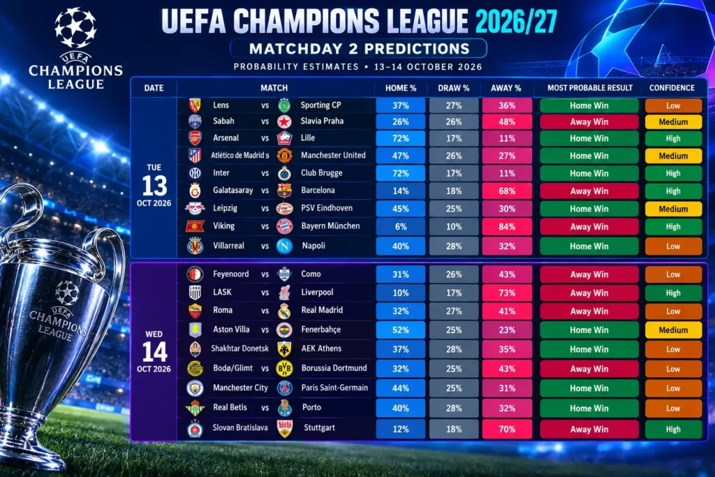 KheloExch graphic of the UEFA Champions League points table, listing clubs by position with matches played, goal difference and points, and coloured bands marking the top-eight, play-off and elimination places