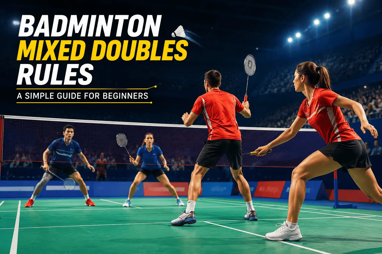 Badminton Mixed Doubles players competing on an indoor badminton court during a doubles match