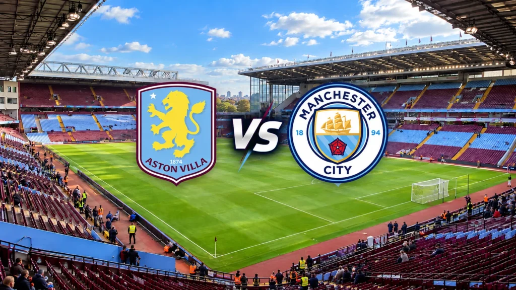 Villa Park in Birmingham on a bright afternoon before Aston Villa vs Man City, with claret and blue seats around the pitch