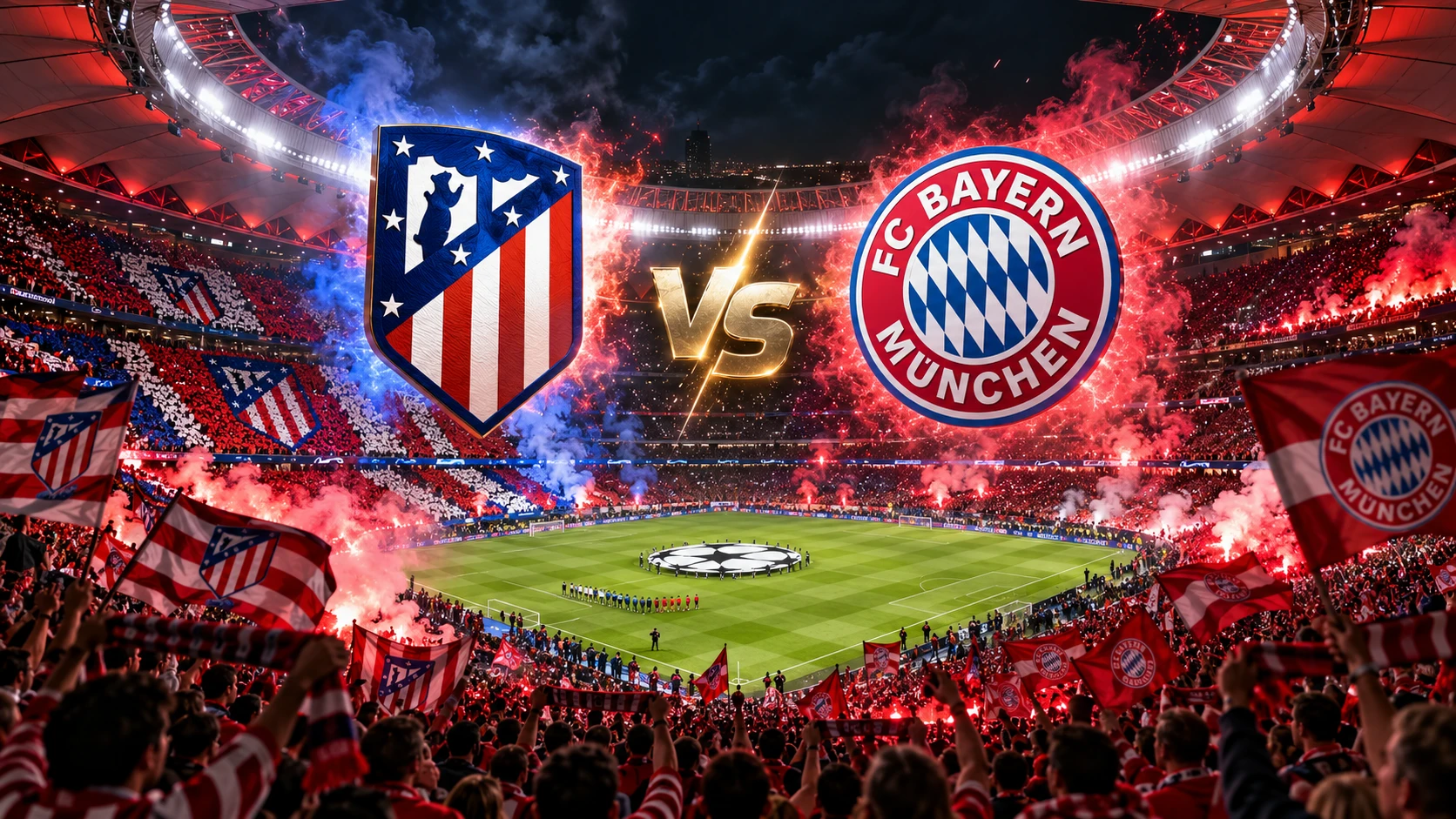 The Metropolitano stadium in Madrid under floodlights on a Champions League night before Atlético Madrid vs Bayern
