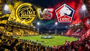 Aspmyra Stadion in Bodø Glimt under floodlights on a cold Champions League night before Bodø/Glimt vs Lille, with the artificial pitch in view