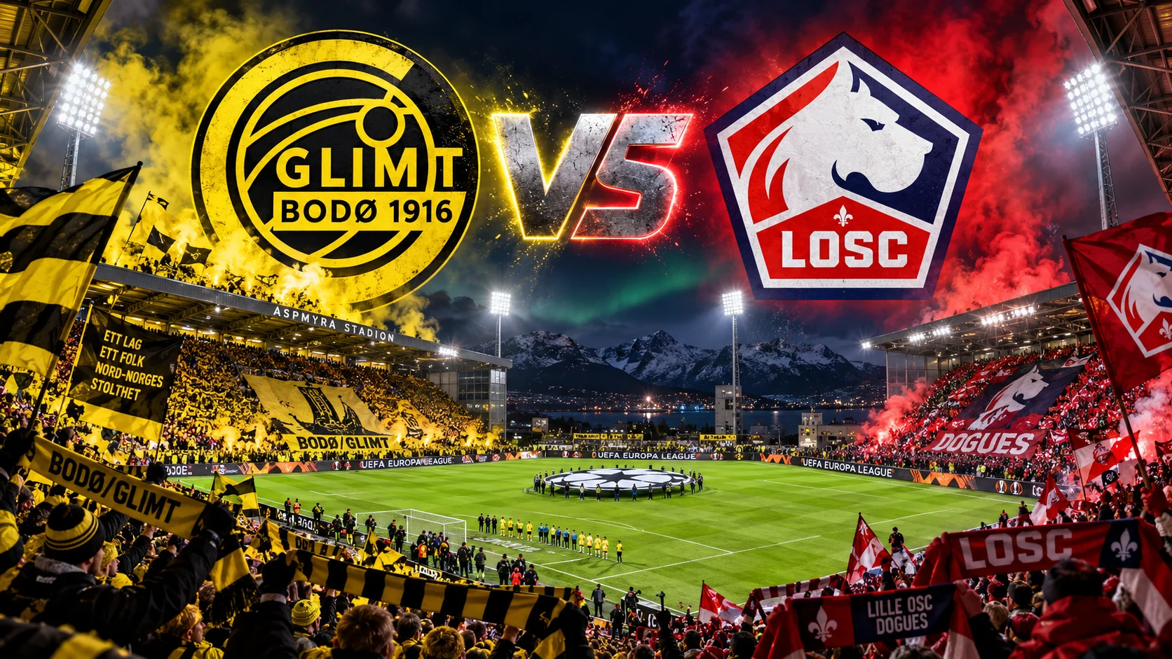 Aspmyra Stadion in Bodø Glimt under floodlights on a cold Champions League night before Bodø/Glimt vs Lille, with the artificial pitch in view