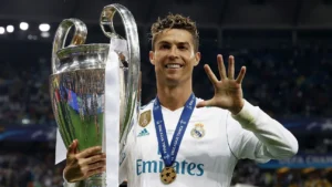 UEFA Champions League all-time top scorers featuring Cristiano Ronaldo, Lionel Messi, Robert Lewandowski, Kylian Mbappé and Erling Haaland.