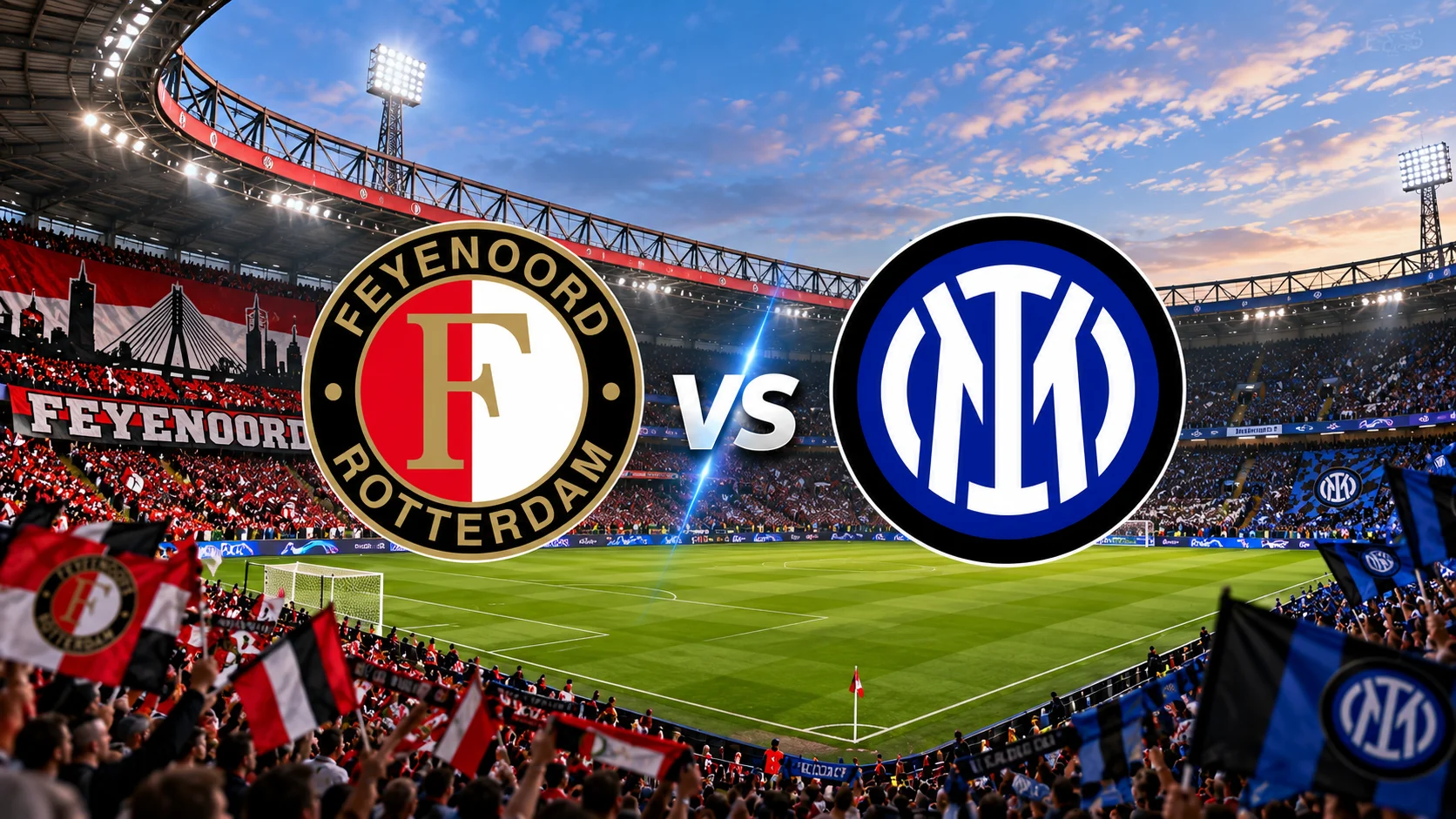 De Kuip stadium in Rotterdam under floodlights on a Champions League night before Feyenoord vs Inter, with red and white home stands