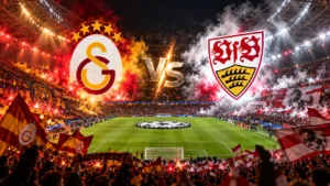 RAMS Park stadium in Istanbul full of Galatasaray fans in red and yellow under floodlights before Galatasaray vs Stuttgart