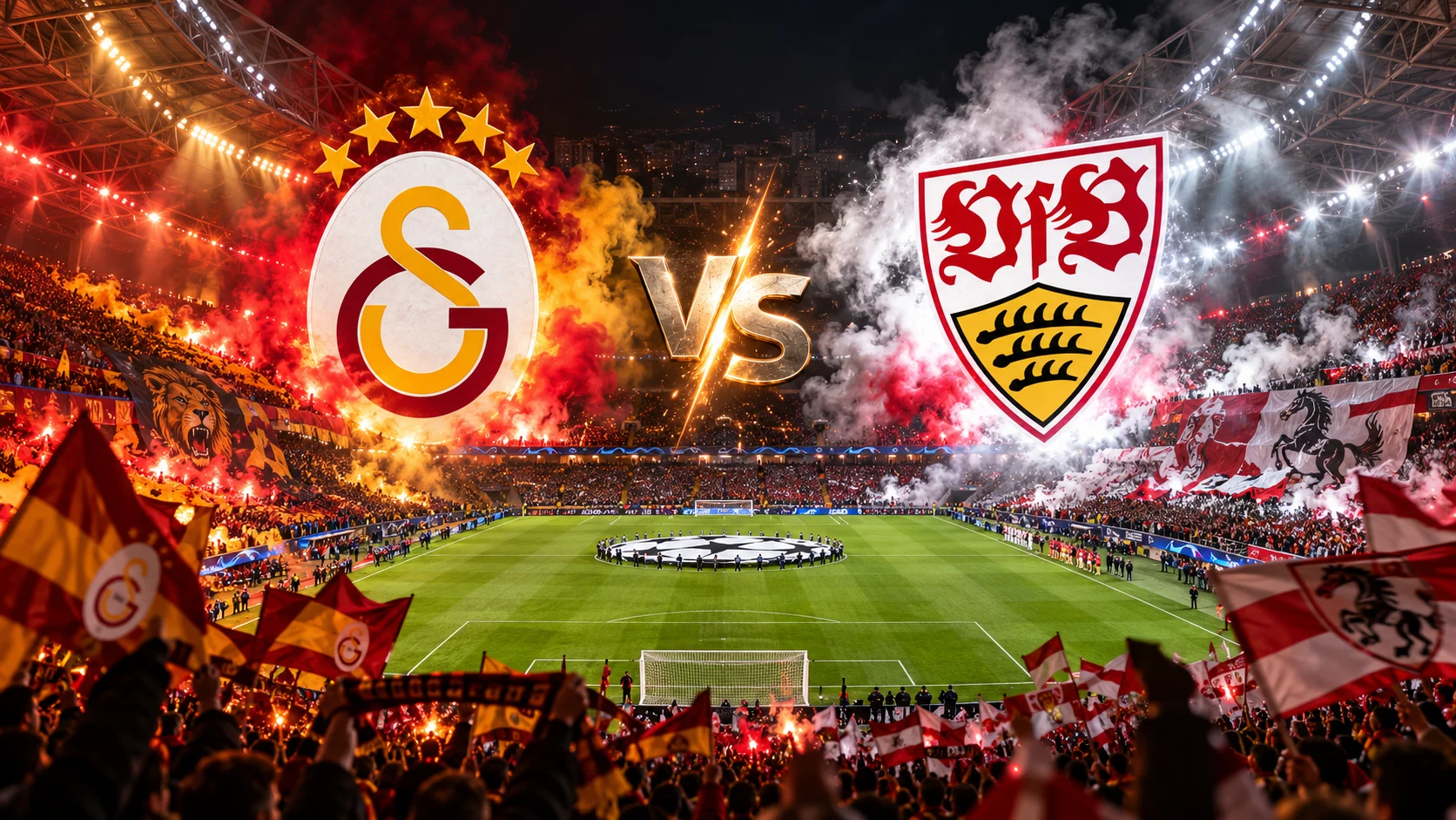 RAMS Park stadium in Istanbul full of Galatasaray fans in red and yellow under floodlights before Galatasaray vs Stuttgart
