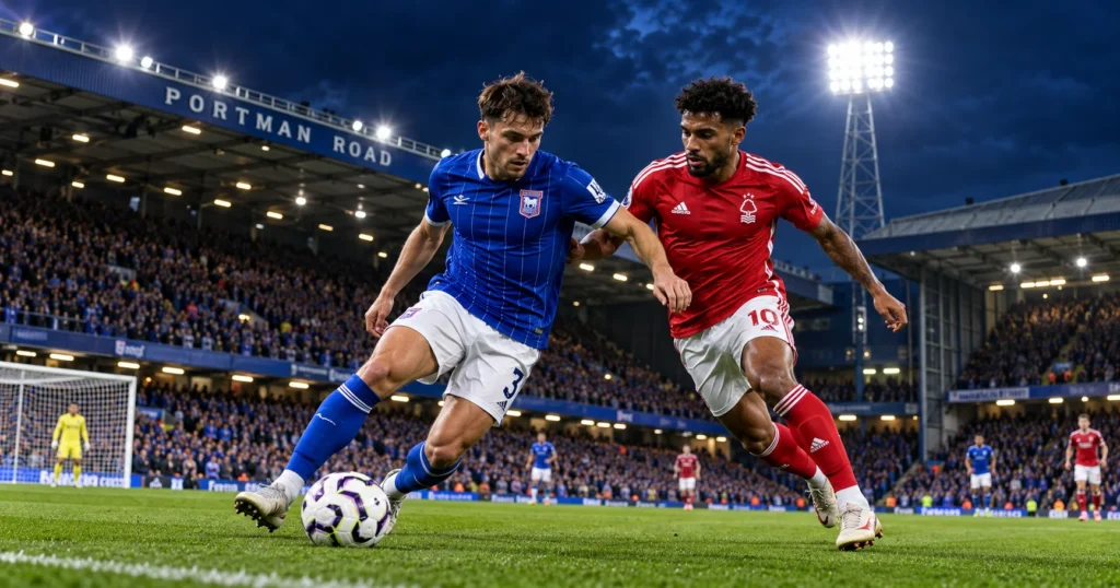 Portman Road stadium lit by floodlights at night before Ipswich vs Nottingham Forest, with the pitch and blue seats in view